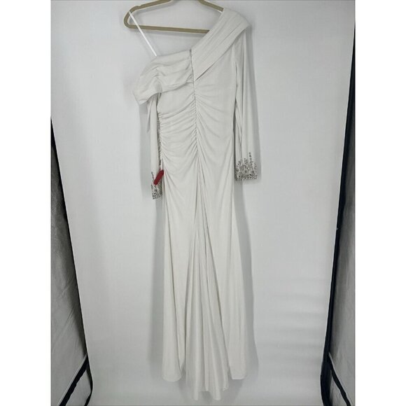 Mac Duggal Womens Sz 8 White Beaded Cuff Drop Shoulder Faux Wrap Gown Dress New - Picture 7 of 13